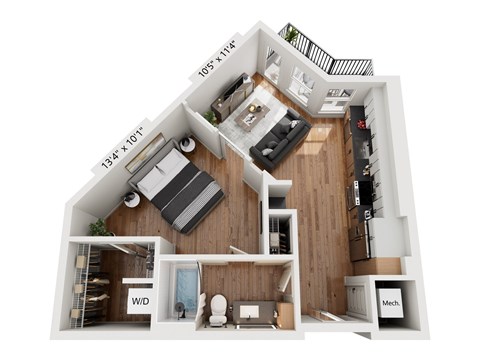 A top down view of a house layout with a living room, kitchen, and bathroom.